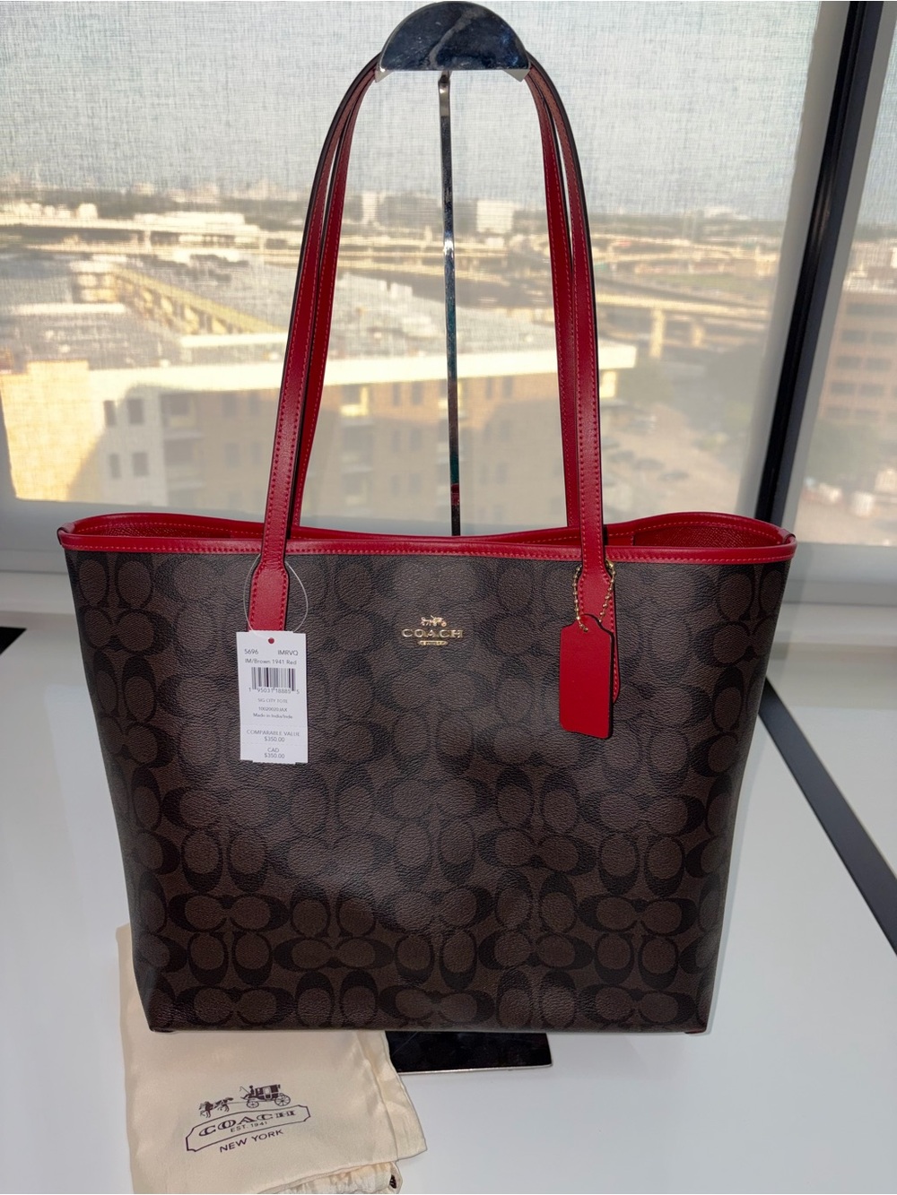 Coach Brown Signature Tote with Red Trim and Tag